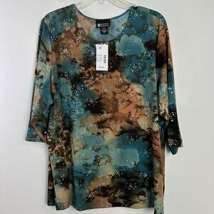 Maggie Barnes Women Multicolor Sequins Top 2X Tropical Artsy Embellished Resort‎